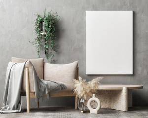 Living room with mock-up poster, armchair and home decoration, 3d illustration. © nikolarakic