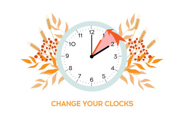 Daylight saving time ends. Fall back change clocks. Vector illustration with a clock turning an hour back. Clocks in a floral frame of autumn orange foliage.
