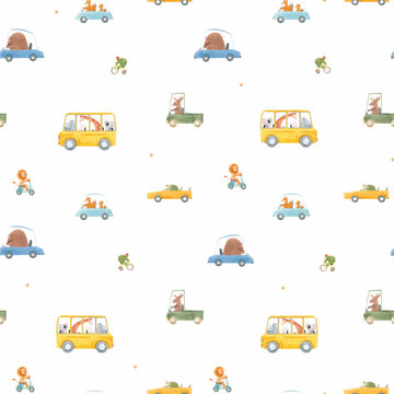 Beautiful vector seamless baby pattern with cute hand drawn watercolor animal drivers in cars. Stock illustration.