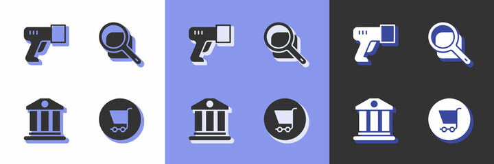 Set Shopping cart, Scanner scanning bar code, Bank building and Magnifying glass icon. Vector