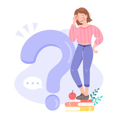 Confused girl studying and standing on pile of books with question mark.  Misunderstanding young woman need help, asking questions, making decision concept. Flat vector illustration.