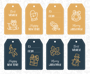New Year and Christmas gift paper labels and tags set with vector icons in doodle sketch style. Holiday decorations, handmade in blue and kraft cardboard colors.