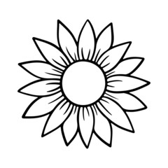 Sunflower simple icon. Flower silhouette vector illustration. Sunflower graphic logo, hand drawn icon for packaging, decor. Petals frame, black silhouette isolated on white background.