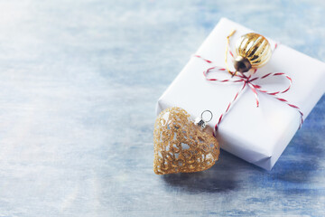 Simple Christmas decoration. Bright wooden background. Close up. Copy space. 