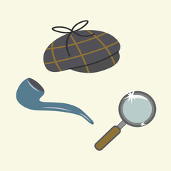 Detective set. Cap, magnifying glass and smoking pipe of the detective-sleuth. Isolated vector icons on muted yellow background. Private detective accessories, classic Sherlock Holmes paraphernalia.