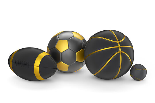 Set of black ball like basketball, american football and golf isolated on white