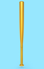 Gold professional softball or baseball bat isolated on blue background.