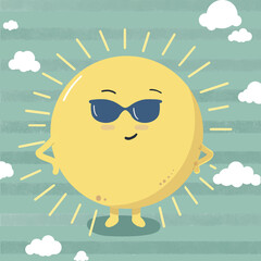 Cute sun wearing sunglasses on summer day. Stylish summer sun. Vector illustration isolated on blue background.