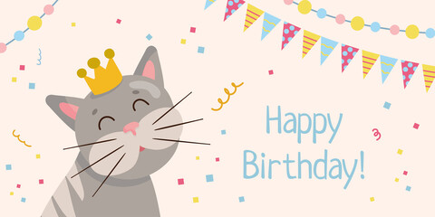 Greeting birthday card template. Color garland flags, cute cat in crown and confetti on pastel background.