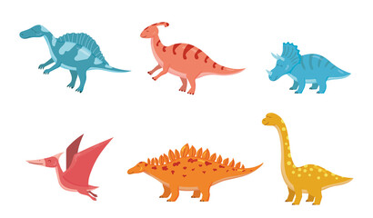 Dinosaurs vector illustration set. Cartoon colorful dino collection of stegosaurus, brontosaurus, triceratops, diplodocus, spinosaurus isolated on white background