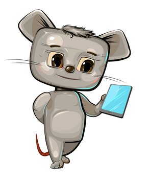 Cute kid Mouse with a smartphone. Good kid animal. Illustration for children. Isolated on white background. Vector