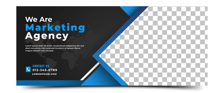 Business banner template design. Modern banner with a dark background and blue frame. Vector design with place for the photo. Usable for banner, cover, header, and background.