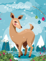 cervo, inverno, animale, natale, vettoriale, illustrazione, neve, disegno, azzurro, biancospino, poesia, romanticismo, cerbiatto, natura, cerva, nuvole, bosco, festività natalizie, elegante, bucolico,