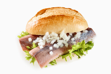 Appetizing sandwich with fish on table