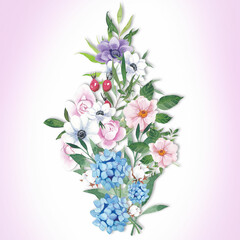 Garden flowers in pastel colors, watercolor. A resource for printing on paper or fabric, decorative background, floral pattern.