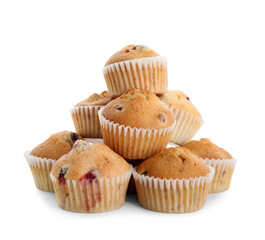 Tasty cranberry muffins on white background