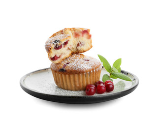 Plate with tasty cranberry muffins on white background