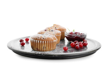 Plate with tasty cranberry muffins on white background