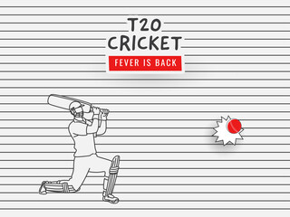 T20 Cricket Fever Is Back Concept With Line Art Batsman Hitting A Ball On White Horizontal Stripes Background.