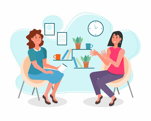 Woman is talking to her psychiatrist. Mental health vector concept.