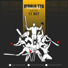 T20 World Championship Concept With Cricket Player Team In Different Position On Black Background.