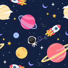 Cute Space seamless pattern background vector illustration. Flat  design of Planets, spaceship and astronaut 