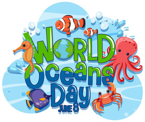 World Ocean Day banner with sea animals cartoon character