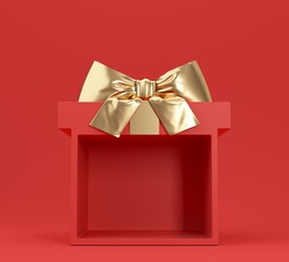 Big empty gift box with gold realistic bow and place for object inside. Winter holidays background. 3d rendering. 