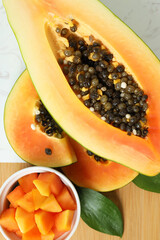 Fresh ripe papaya, top view and closeup