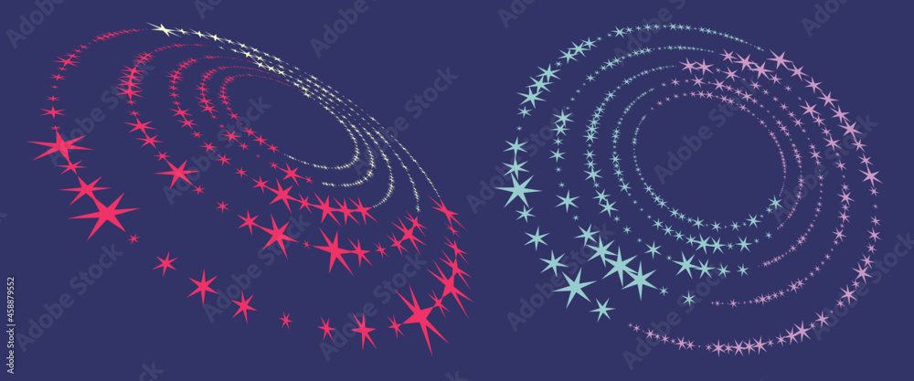 Poster color spiral with six corner stars in circle. halftone background and perspective. yin and yang symb