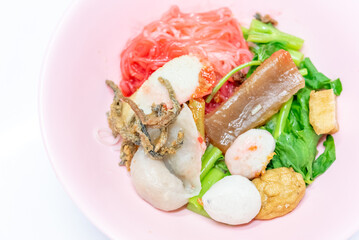 Noodles Soup with multi fish balls with white background. Asian food Noodle	
