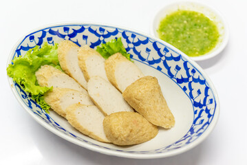 Noodles Soup with multi fish balls with white background. Asian food Noodle	
