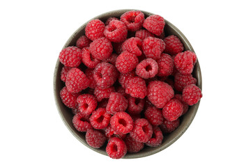 Red juicy raspberries in bowl, isolated on white background