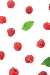 Flat lay composition with red juicy raspberry, isolated on white background