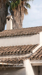 Tejado de tejas de barro cocido en casa de verano en mediterraneo