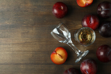 Plum vodka shot and ingredients on wooden table