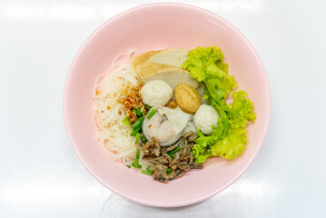 Noodles Soup with multi fish balls with white background. Asian food Noodle	
