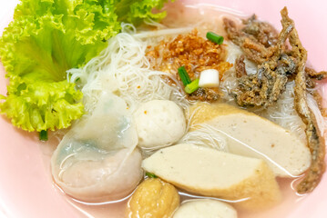 Noodles Soup with multi fish balls with white background. Asian food Noodle	
