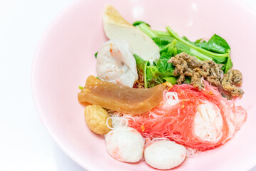Noodles Soup with multi fish balls with white background. Asian food Noodle	
