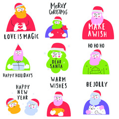 Collection for Christmas. Funny Santa. hand drawn vector illustrations on white background.