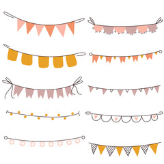 Set of colorful garland on white background. Decoration of getting card, invitation.