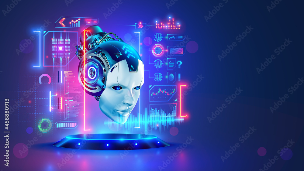 Poster AI. Artificial intelligence. Head robot hanging over podium and look at virtual dashboard. Supercomputer in image futuristic cyborg head. Machine learning technology, neural networks.