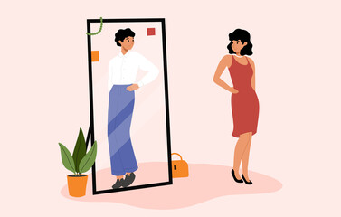 Transgender, concept of gender identity and transgenderness. Transsexual woman looks in the mirror. Non-binary people rights, transgenders, lgbtq community, gender transition, genderfluid