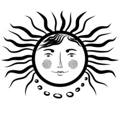 The heavenly symbol is the sun with a woman's face. Celestial body icon. Vintage medieval style. Female sunny image with long hair. Vector illustration. Black linear drawing. Print, postcard, clipart