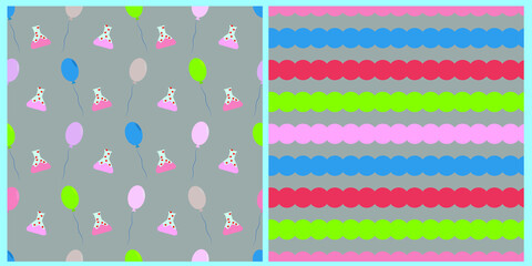 Set of seamless vector patterns for baby pajamas. Bottles with magic love and balloons, multicolored waves on a gray isolated background. 