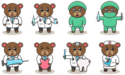 Vector illustration of Cute Character Cartoon of Bear Doctor. Good for label, sticker, clipart. white isolated background