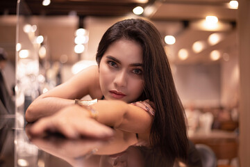 Beautiful caucasian relaxing in cafe