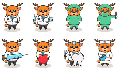 Vector illustration of Cute Character Cartoon of Deer Doctor. Good for label, sticker, clipart. white isolated background