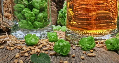 Mugs of cold beer. Hop and malt as beer ingredients. 