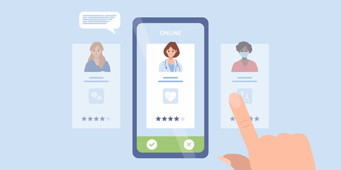 Patient chooses family doctor, doctors team medical staff portraits. Online searching therapist via internet site. Mobile app to find a specialist, medical insurance, telemedicine. For banner, flyer
